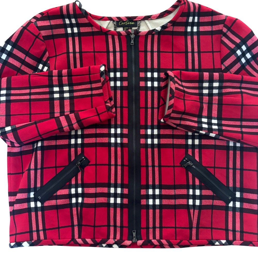 Cartise Red Plaid Zip Up Jacket Womens 10 Cropped Tartan Pockets Boxy Fit Canada
